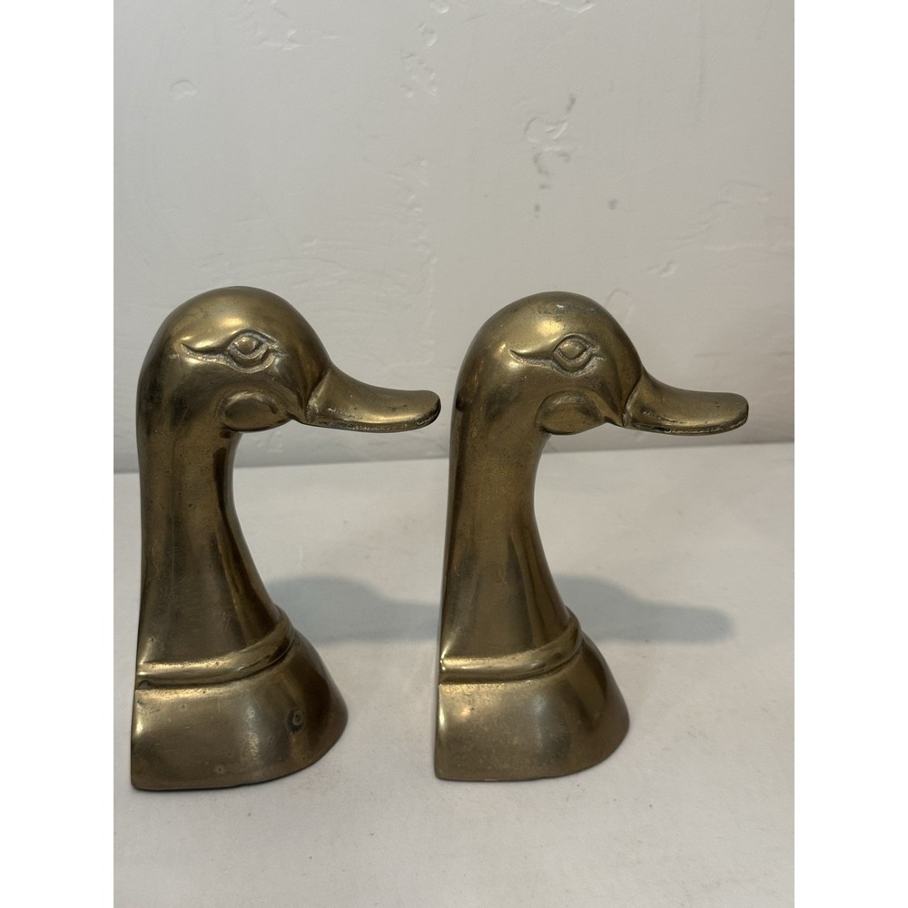 Vintage Brass Duck Head Bookends Mid Century Modern Mallard Figures Set of 2